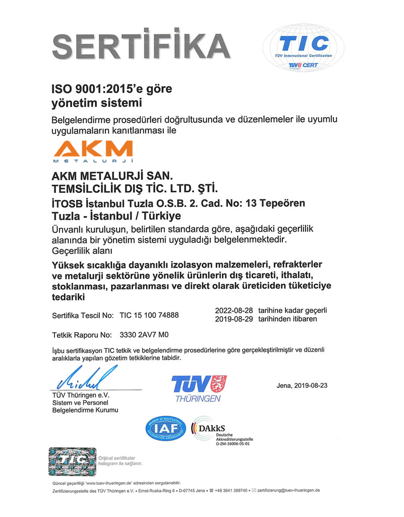 AKM Metalurji ISO9001 Kalite Belgesi | Endüstriyel Yüksek Sıcaklık İzolasyon ve Refrakter Ürünleri, Fırın Malzemeleri, Dökümhane Ürünleri, Yangın Korunma Malzemeleri